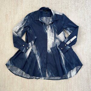 Donna Karan New York Long Sleeve Button Up Cotton Tunic Blouse Top M Blue